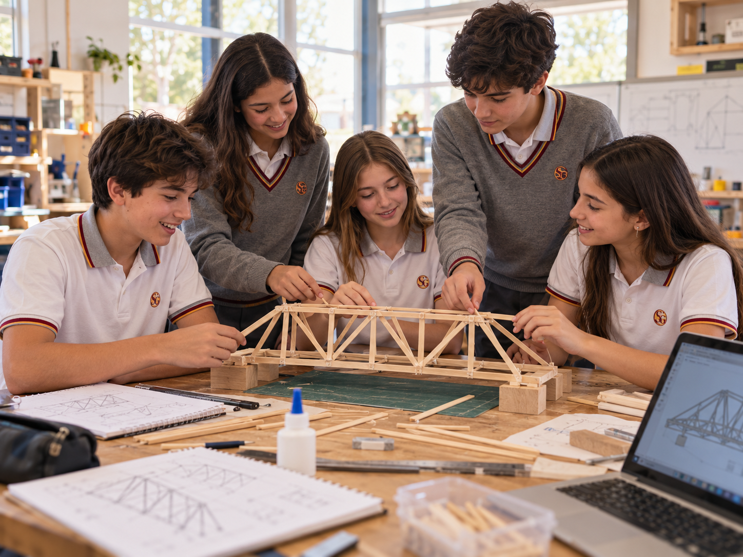 Estudiantes construyendo modelo de ingeniería y puente